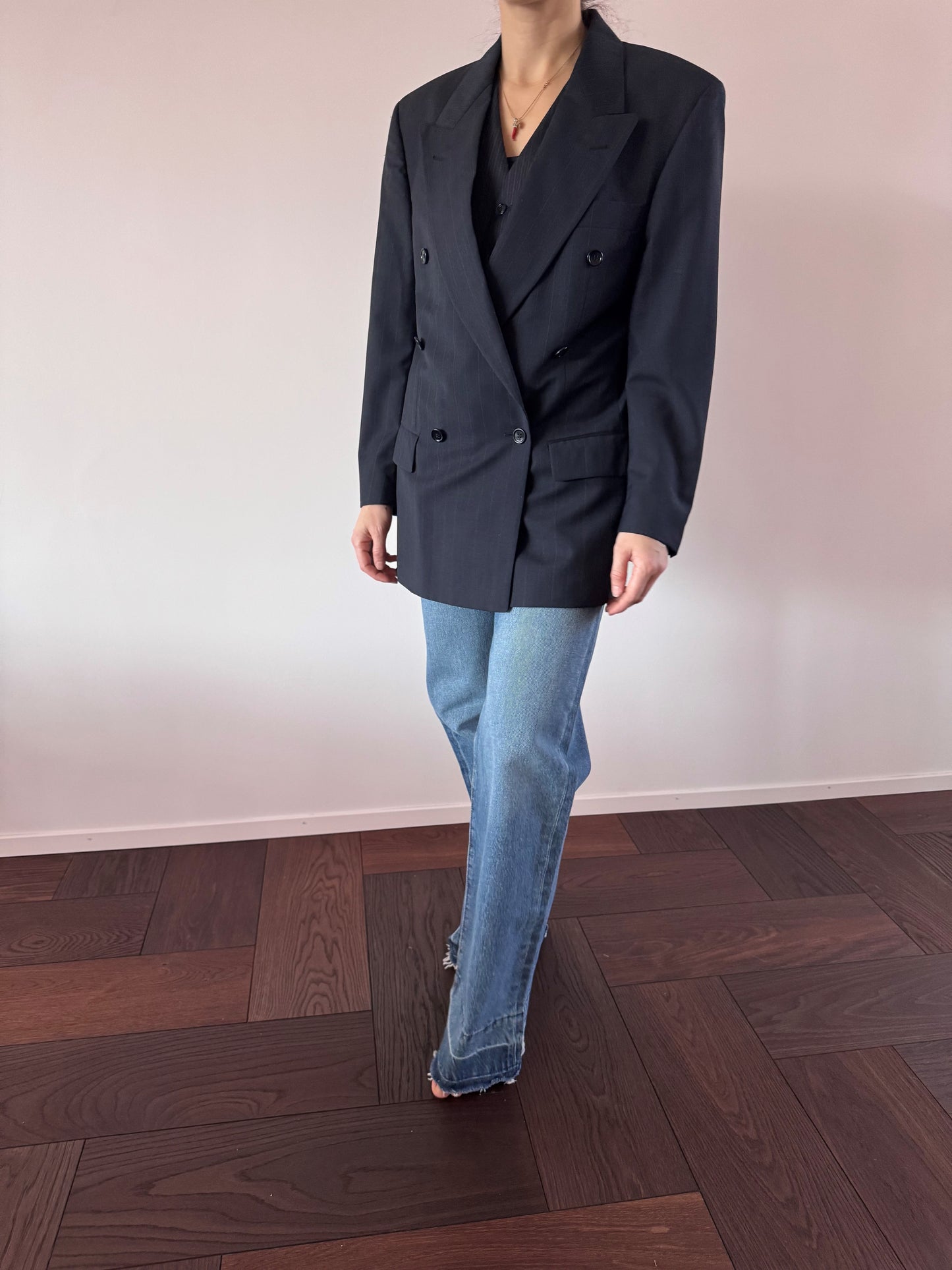 VINTAGE Wool Pinstriped Double-breasted Blazer